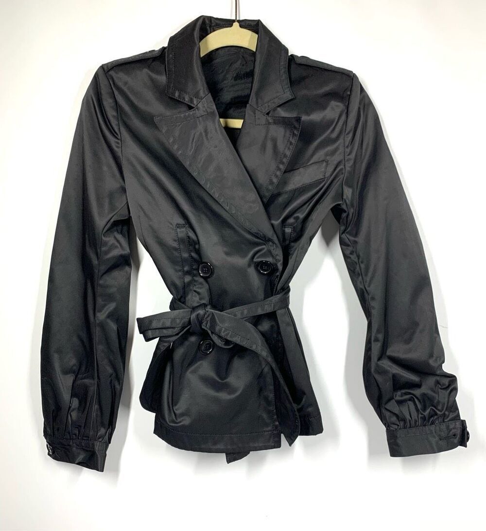7 for all Mankind Shiny Black Short Belted Trench Jacket Coat Size M